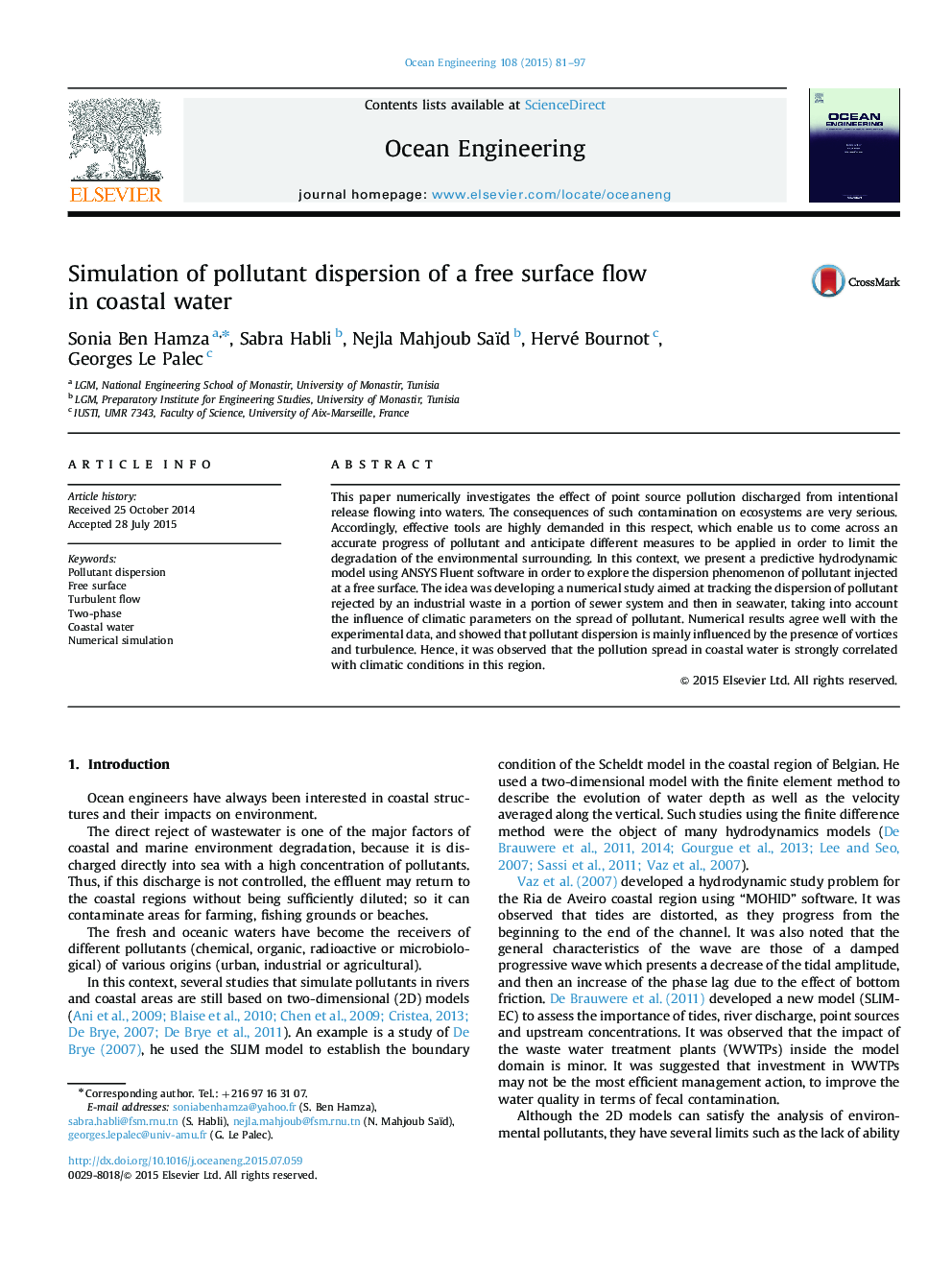 Simulation of pollutant dispersion of a free surface flow in coastal water