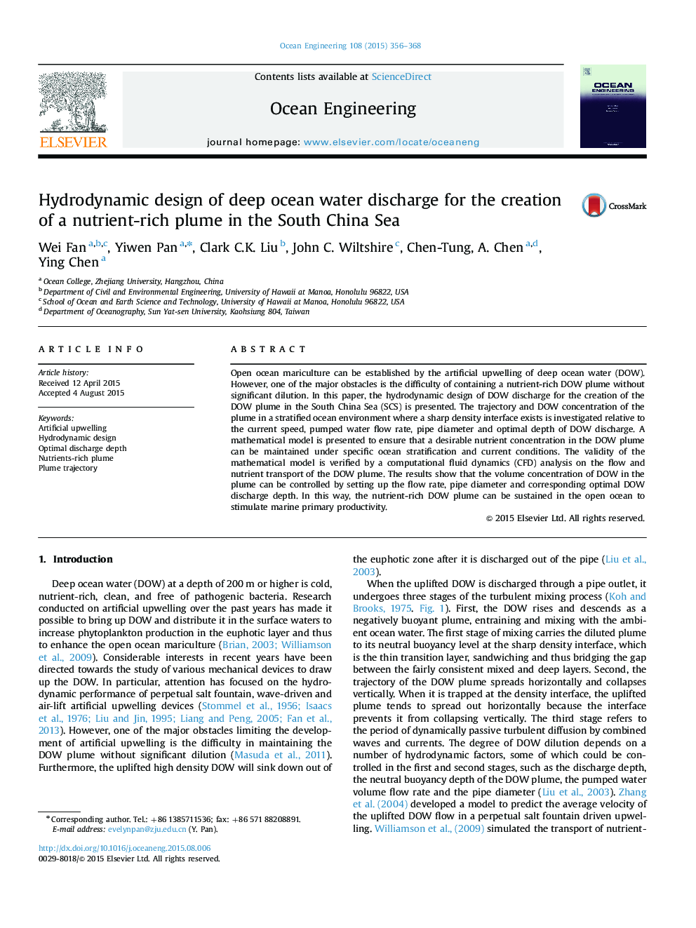 Hydrodynamic design of deep ocean water discharge for the creation of a nutrient-rich plume in the South China Sea