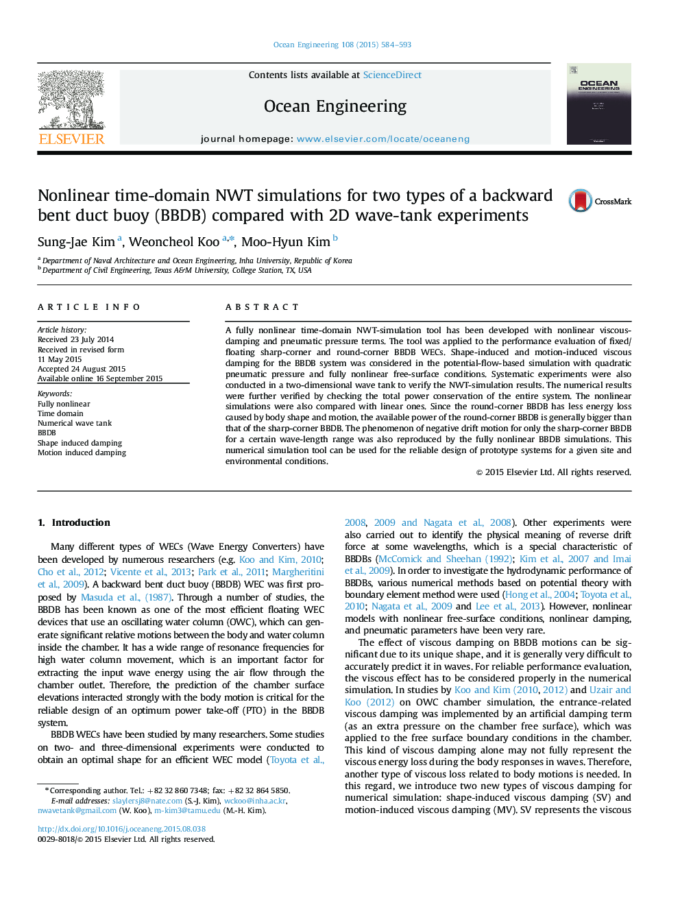 Nonlinear time-domain NWT simulations for two types of a backward bent duct buoy (BBDB) compared with 2D wave-tank experiments