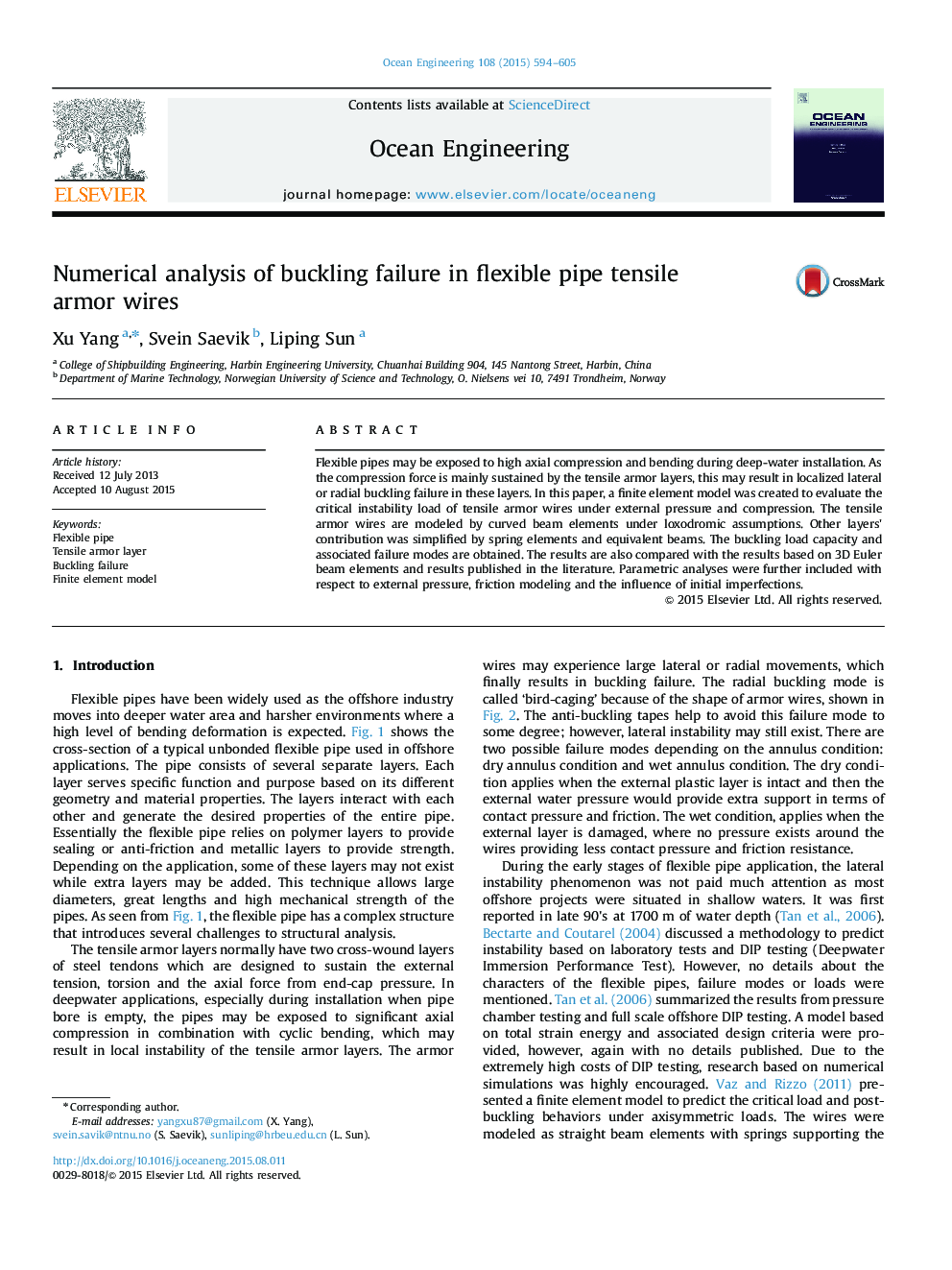 Numerical analysis of buckling failure in flexible pipe tensile armor wires