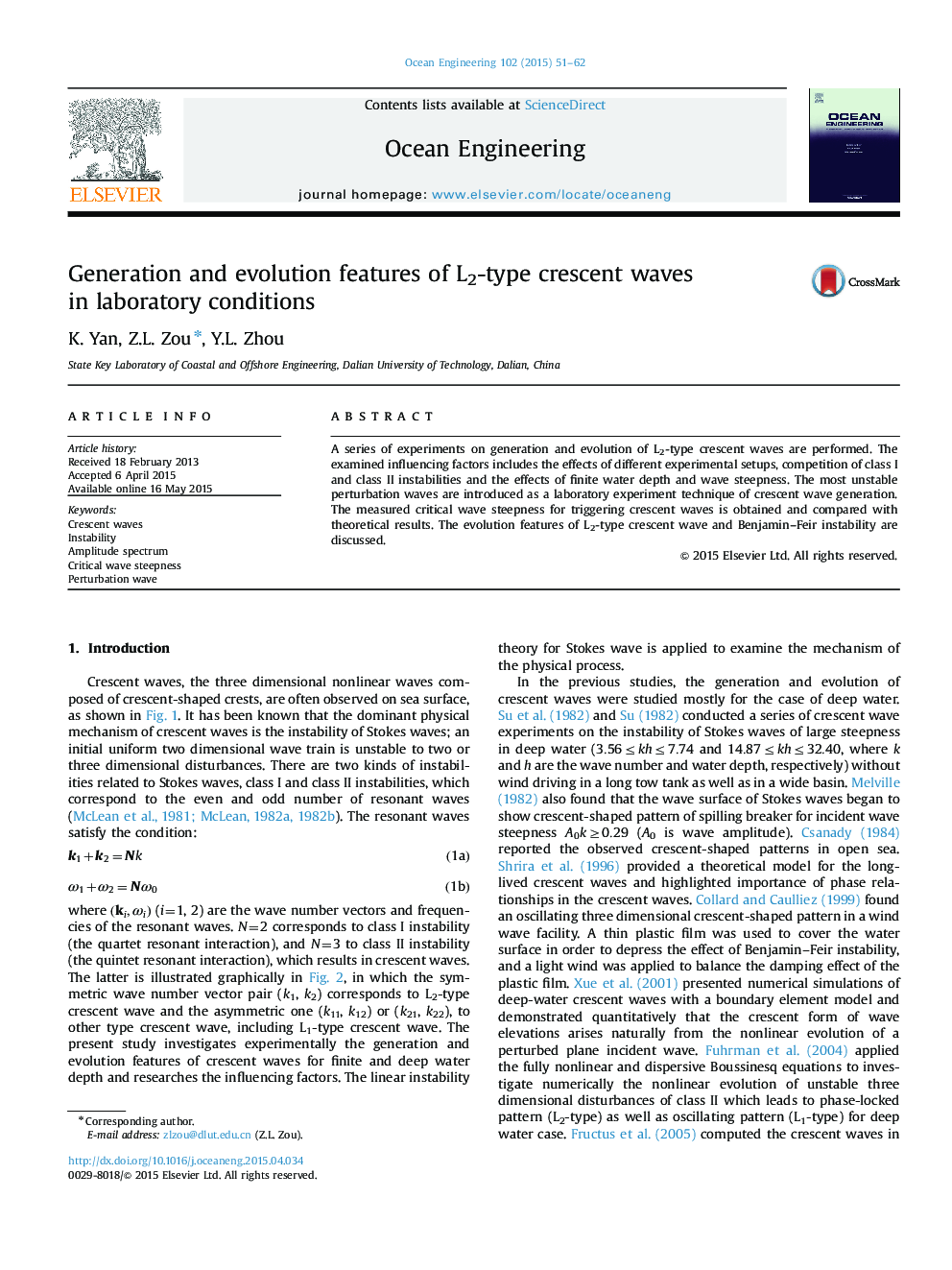 Generation and evolution features of L2-type crescent waves in laboratory conditions