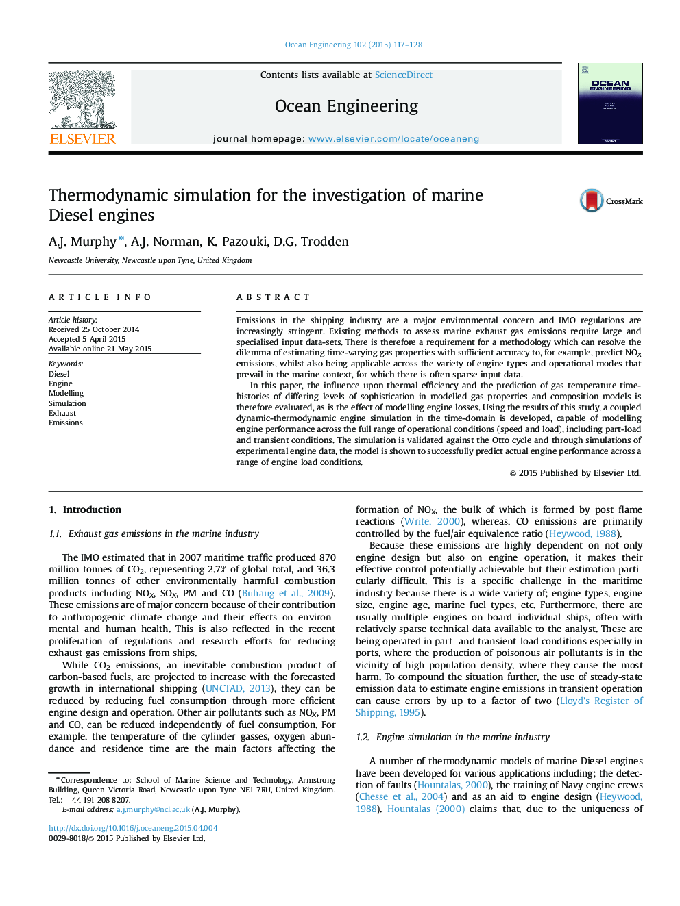 Thermodynamic simulation for the investigation of marine Diesel engines