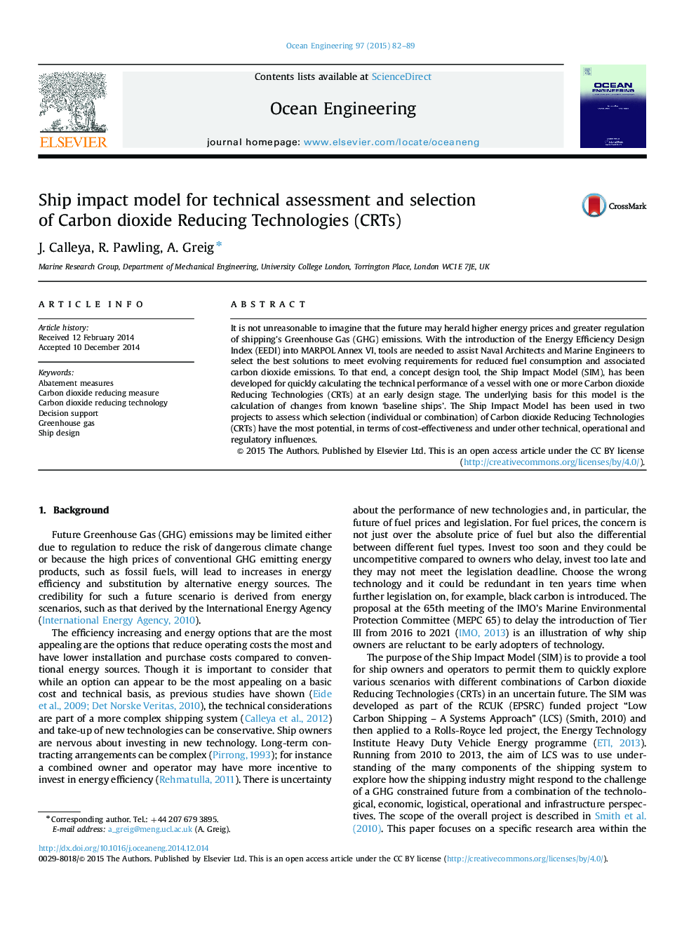 Ship impact model for technical assessment and selection of Carbon dioxide Reducing Technologies (CRTs)