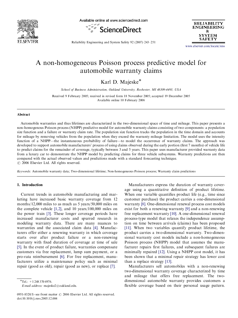 A non-homogeneous Poisson process predictive model for automobile warranty claims