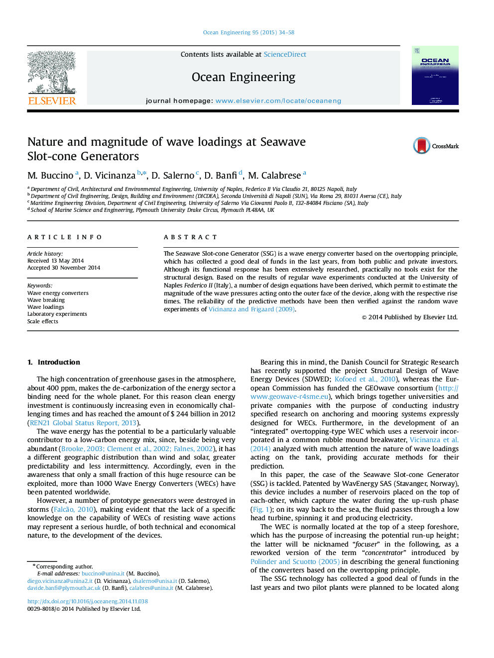 Nature and magnitude of wave loadings at Seawave Slot-cone Generators