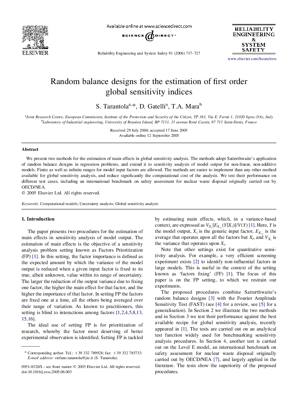 Random balance designs for the estimation of first order global sensitivity indices