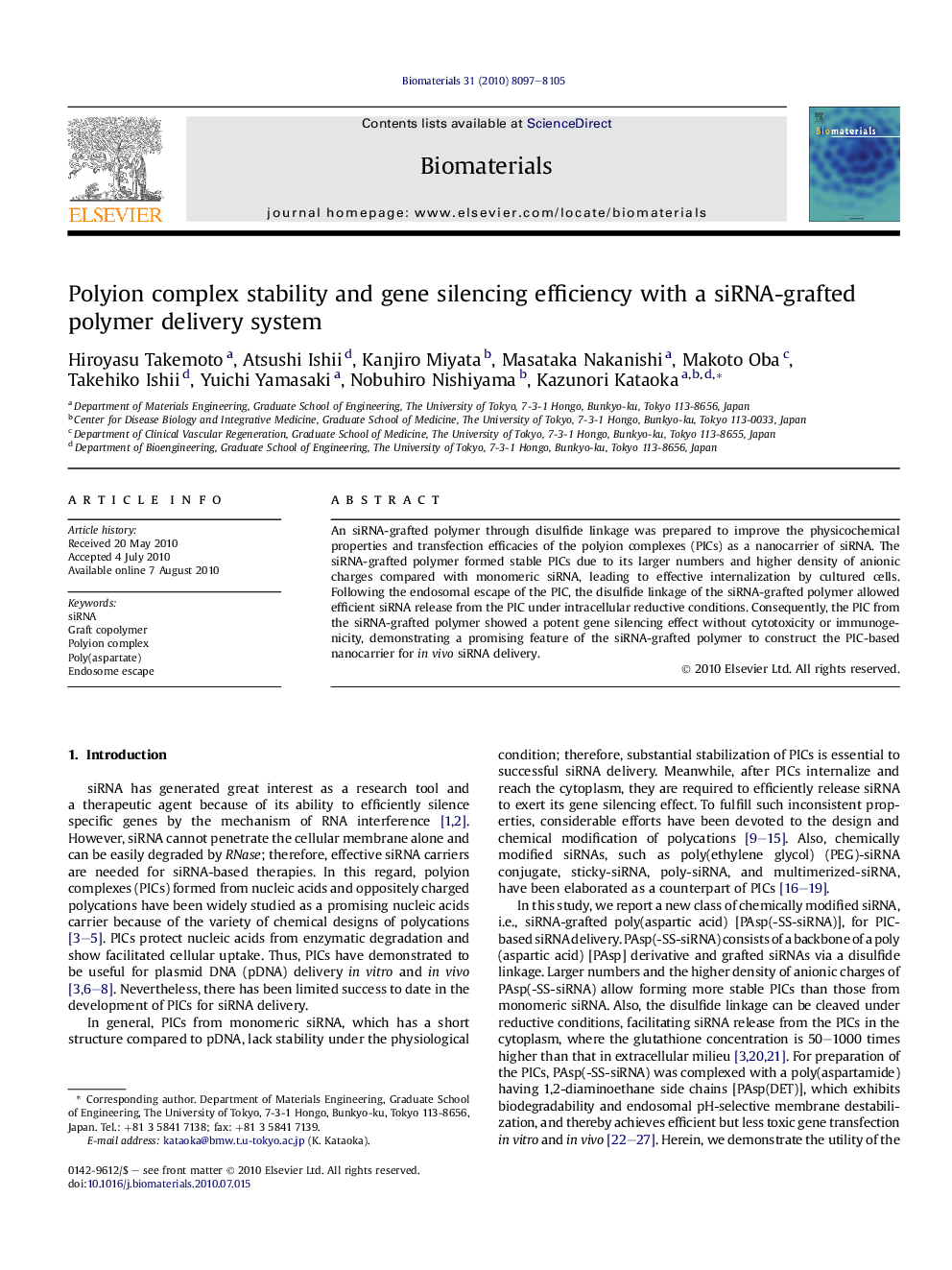 Polyion complex stability and gene silencing efficiency with a siRNA-grafted polymer delivery system