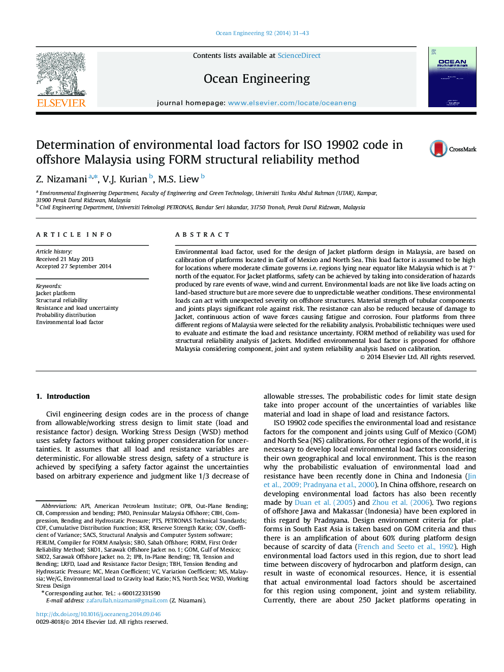 Determination of environmental load factors for ISO 19902 code in offshore Malaysia using FORM structural reliability method