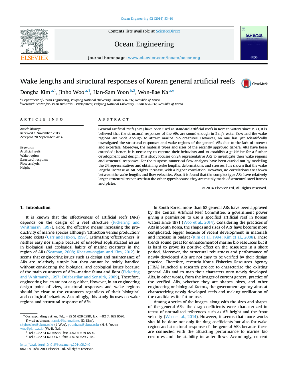 Wake lengths and structural responses of Korean general artificial reefs