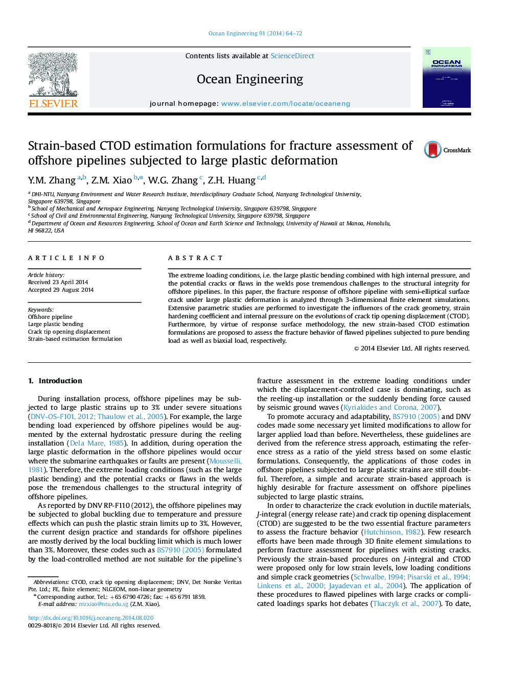 Strain-based CTOD estimation formulations for fracture assessment of offshore pipelines subjected to large plastic deformation