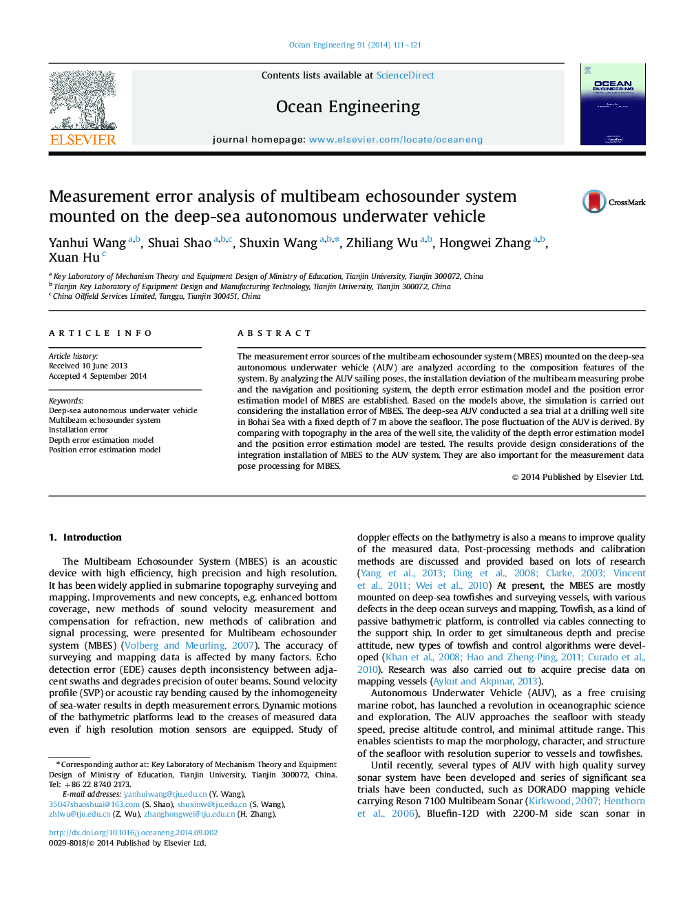 Measurement error analysis of multibeam echosounder system mounted on the deep-sea autonomous underwater vehicle