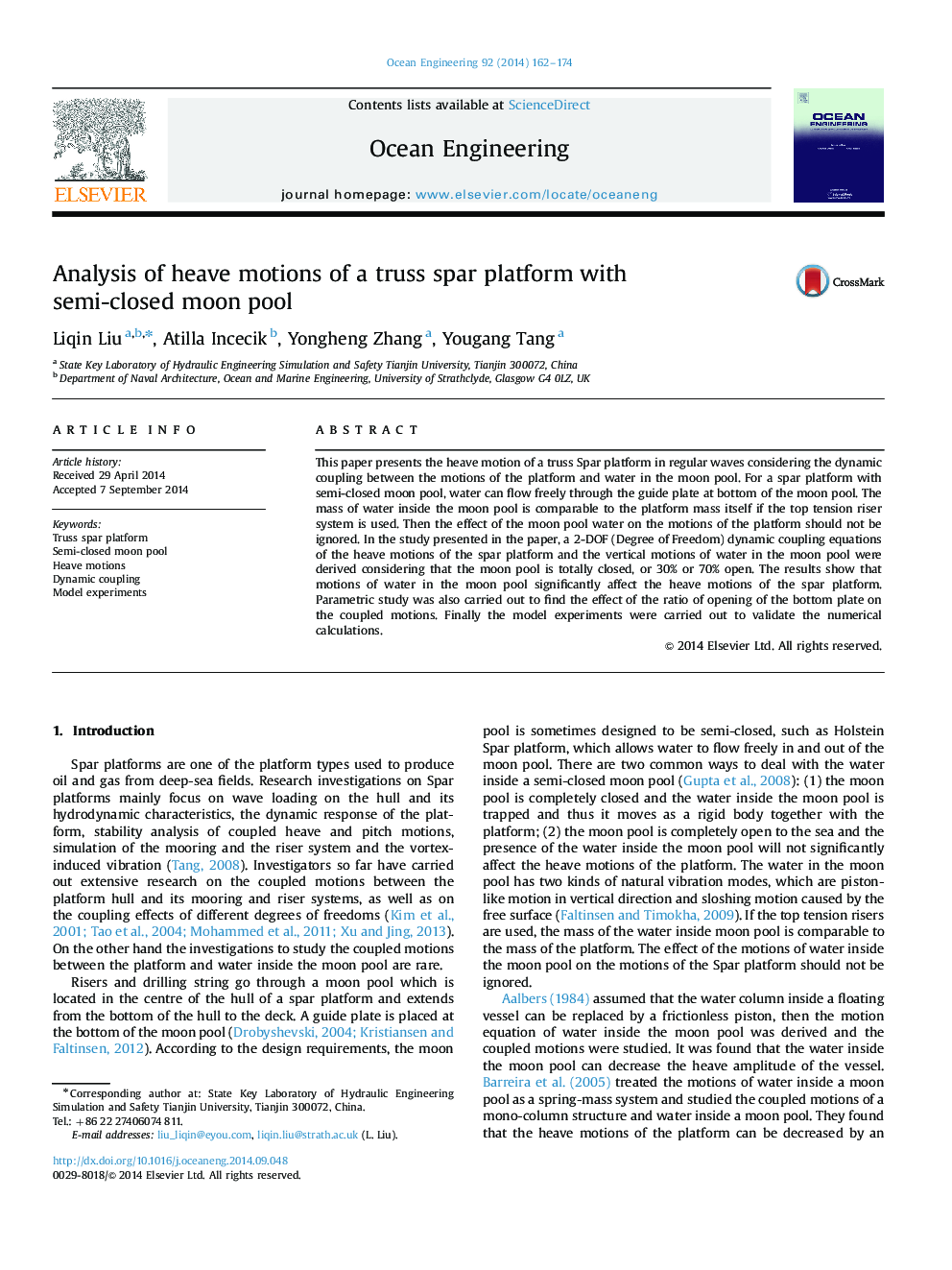 Analysis of heave motions of a truss spar platform with semi-closed moon pool