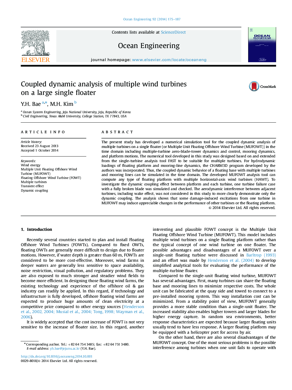 Coupled dynamic analysis of multiple wind turbines on a large single floater