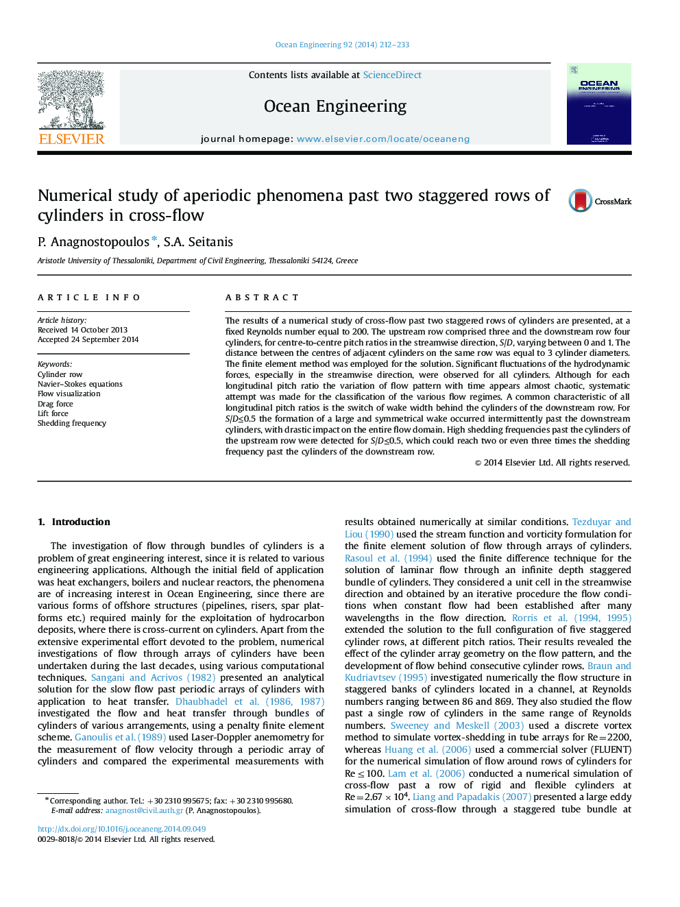 Numerical study of aperiodic phenomena past two staggered rows of cylinders in cross-flow