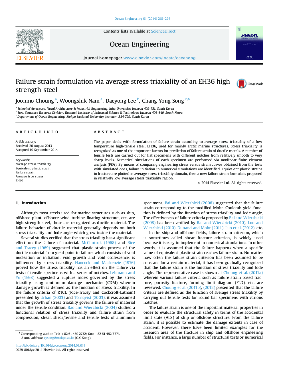 Failure strain formulation via average stress triaxiality of an EH36 high strength steel