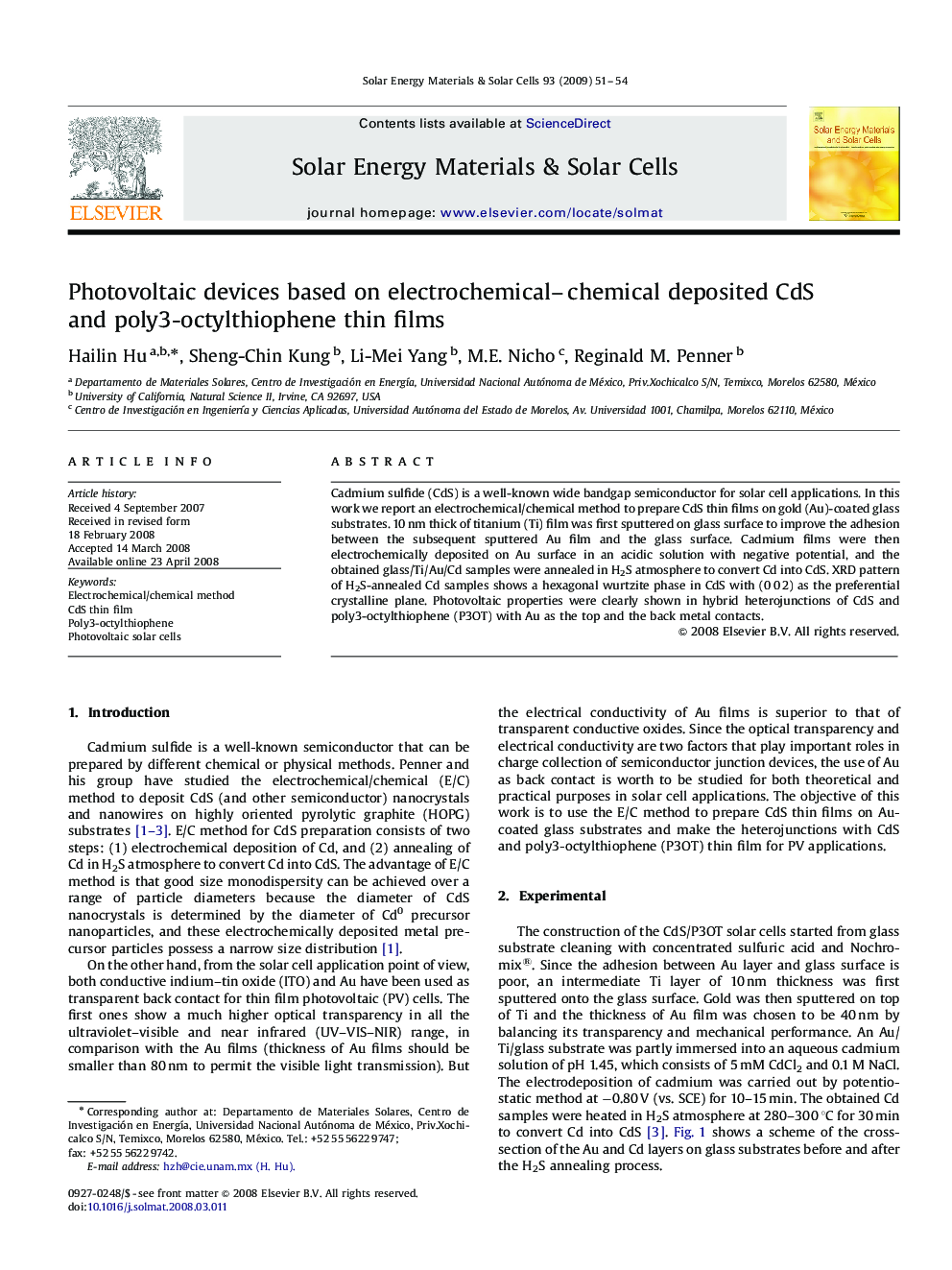 Photovoltaic devices based on electrochemical–chemical deposited CdS and poly3-octylthiophene thin films