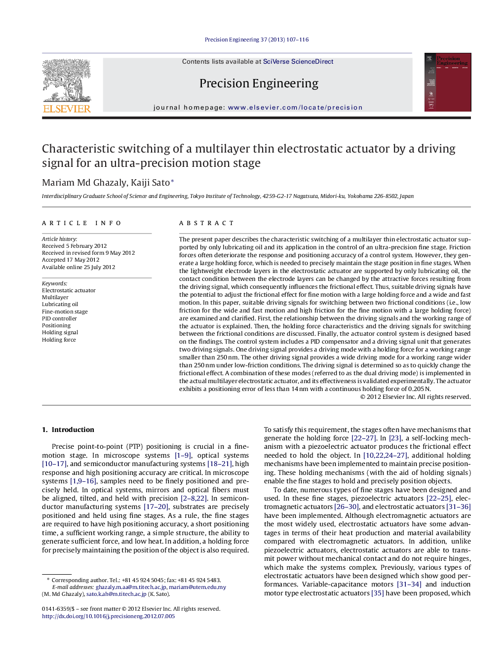 Characteristic switching of a multilayer thin electrostatic actuator by a driving signal for an ultra-precision motion stage