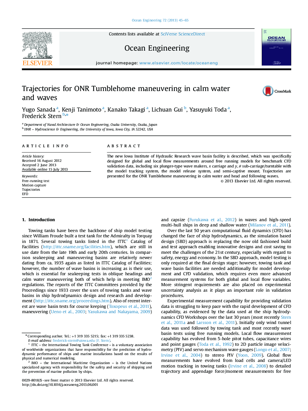 Trajectories for ONR Tumblehome maneuvering in calm water and waves