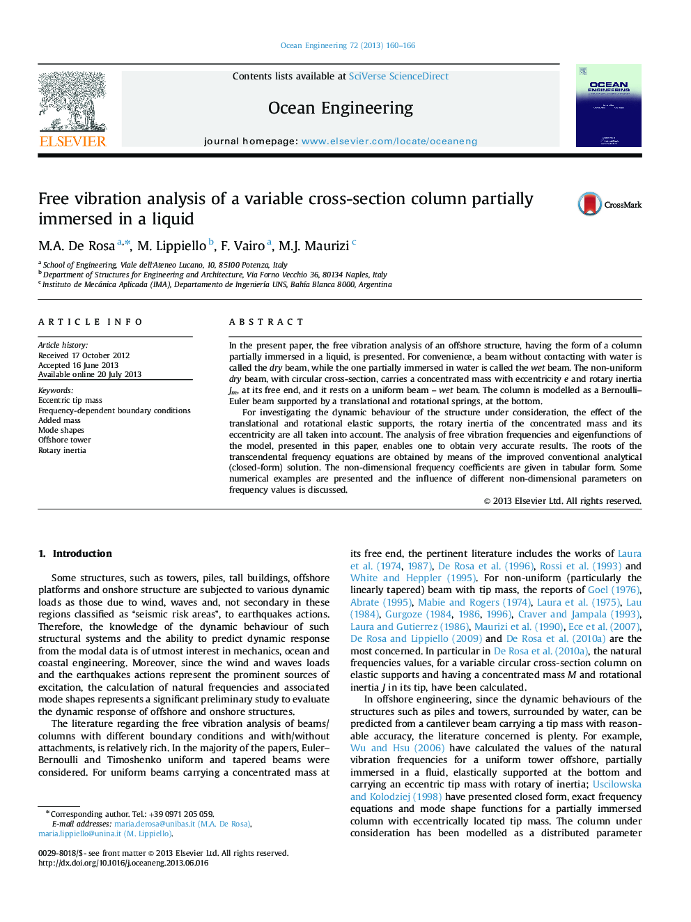 Free vibration analysis of a variable cross-section column partially immersed in a liquid