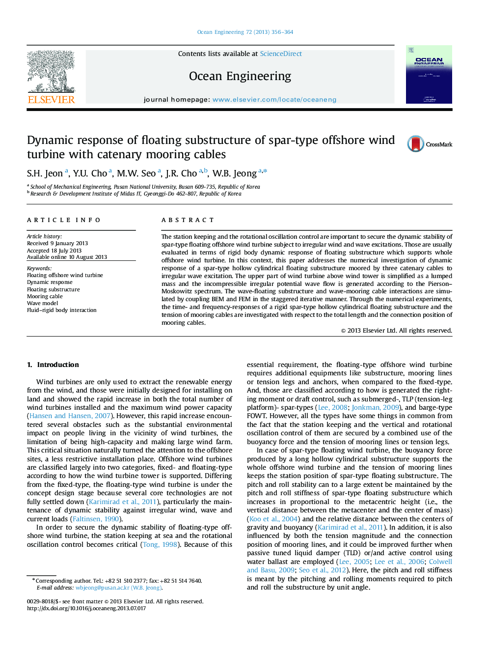 Dynamic response of floating substructure of spar-type offshore wind turbine with catenary mooring cables