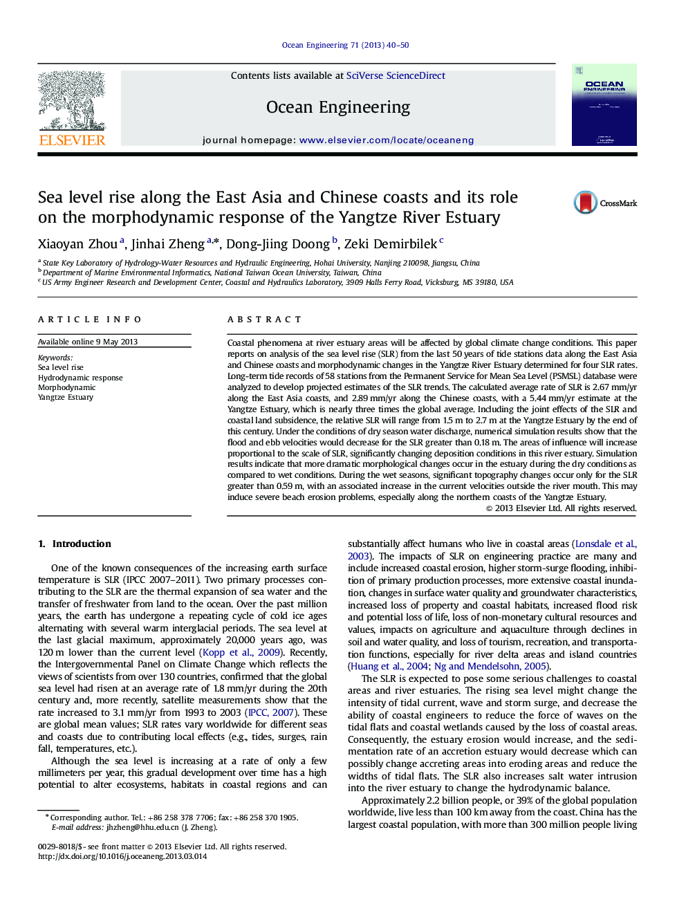 Sea level rise along the East Asia and Chinese coasts and its role on the morphodynamic response of the Yangtze River Estuary