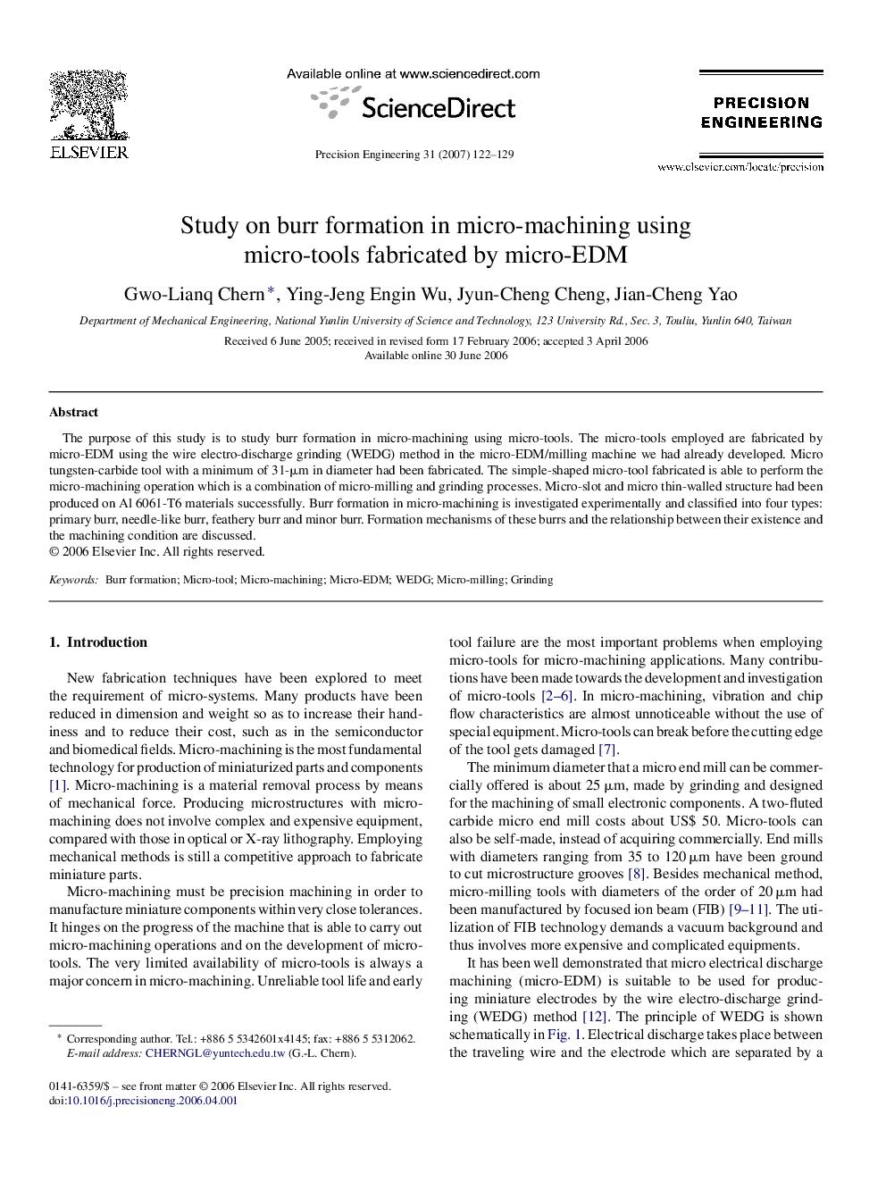 Study on burr formation in micro-machining using micro-tools fabricated by micro-EDM