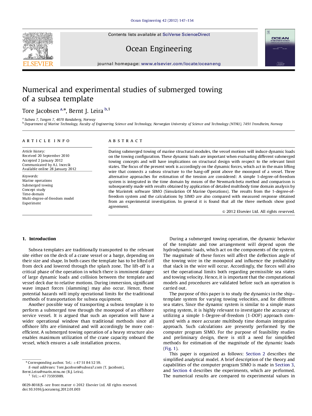 Numerical and experimental studies of submerged towing of a subsea template