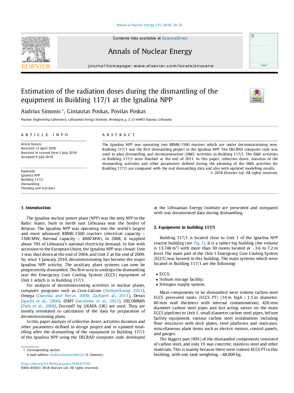 Estimation of the radiation doses during the dismantling of the equipment in Building 117/1 at the Ignalina NPP