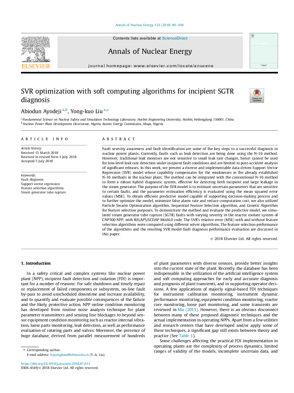 عکس صفحه اول مقاله: SVR optimization with soft computing algorithms for incipient SGTR diagnosis SVR optimization with soft computing algorithms for incipient SGTR diagnosis