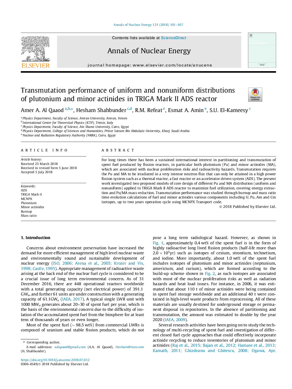 Transmutation performance of uniform and nonuniform distributions of plutonium and minor actinides in TRIGA Mark II ADS reactor