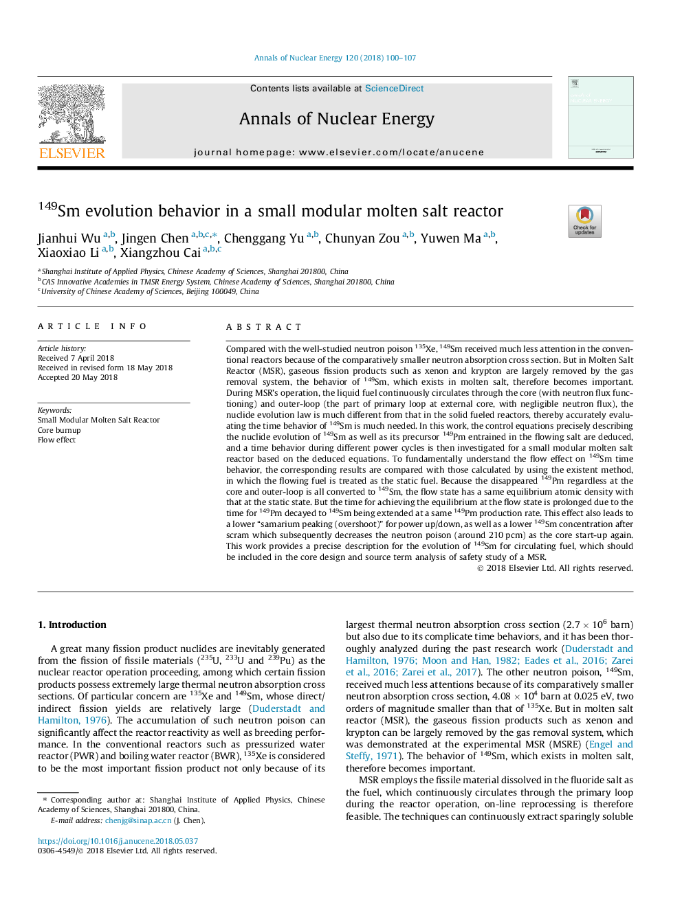 149Sm evolution behavior in a small modular molten salt reactor