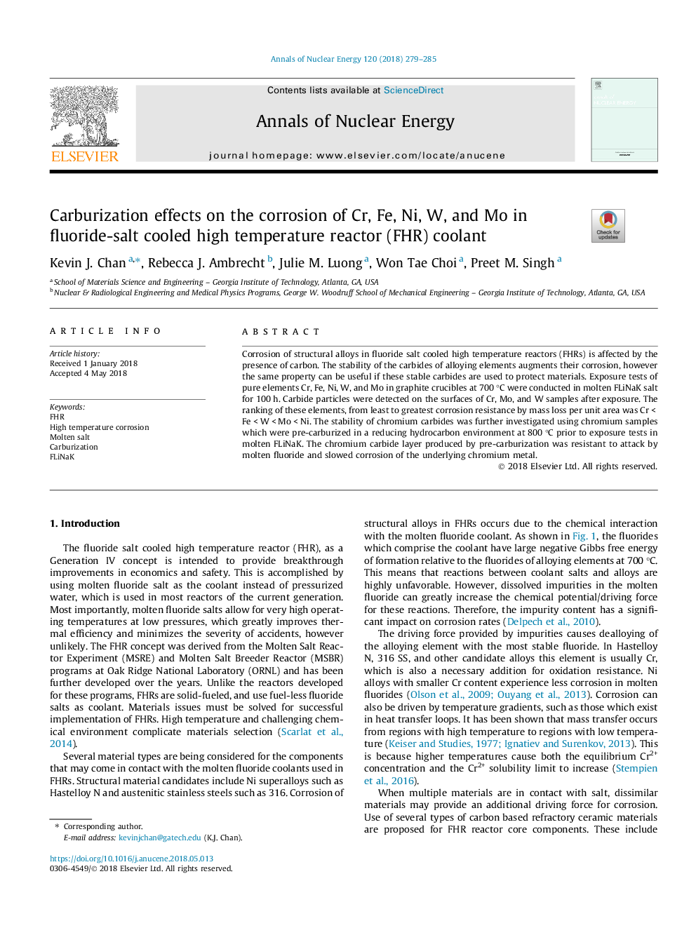 Carburization effects on the corrosion of Cr, Fe, Ni, W, and Mo in fluoride-salt cooled high temperature reactor (FHR) coolant