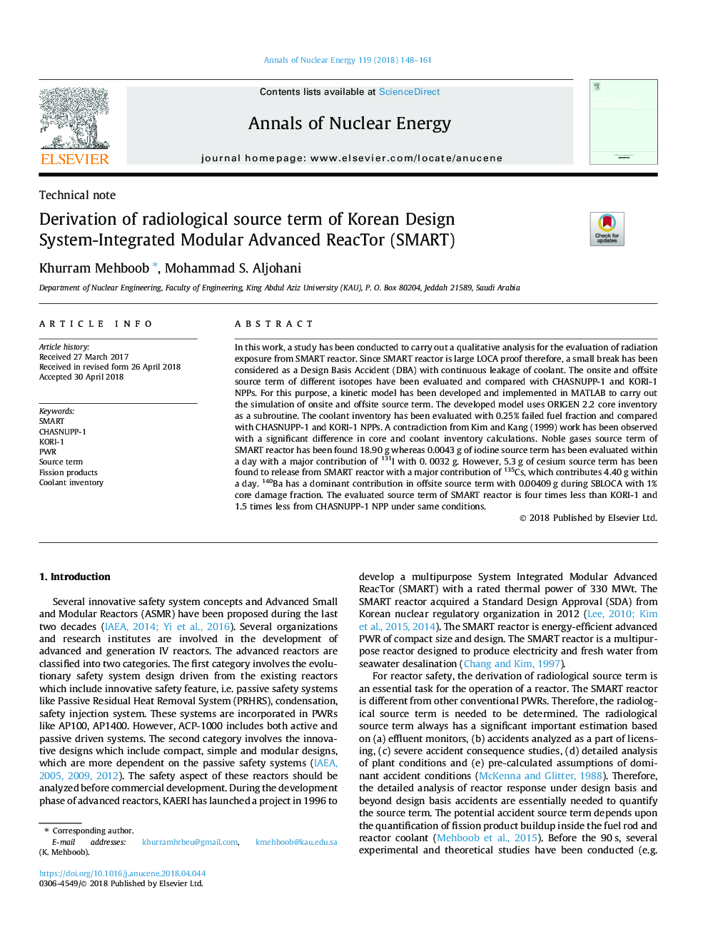 Derivation of radiological source term of Korean Design System-Integrated Modular Advanced ReacTor (SMART)