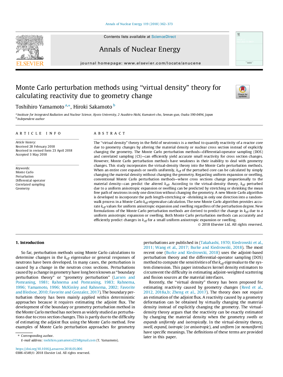 Monte Carlo perturbation methods using “virtual density” theory for calculating reactivity due to geometry change