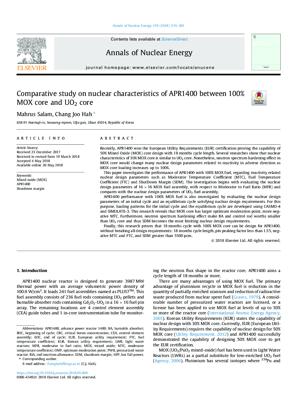 Comparative study on nuclear characteristics of APR1400 between 100% MOX core and UO2 core