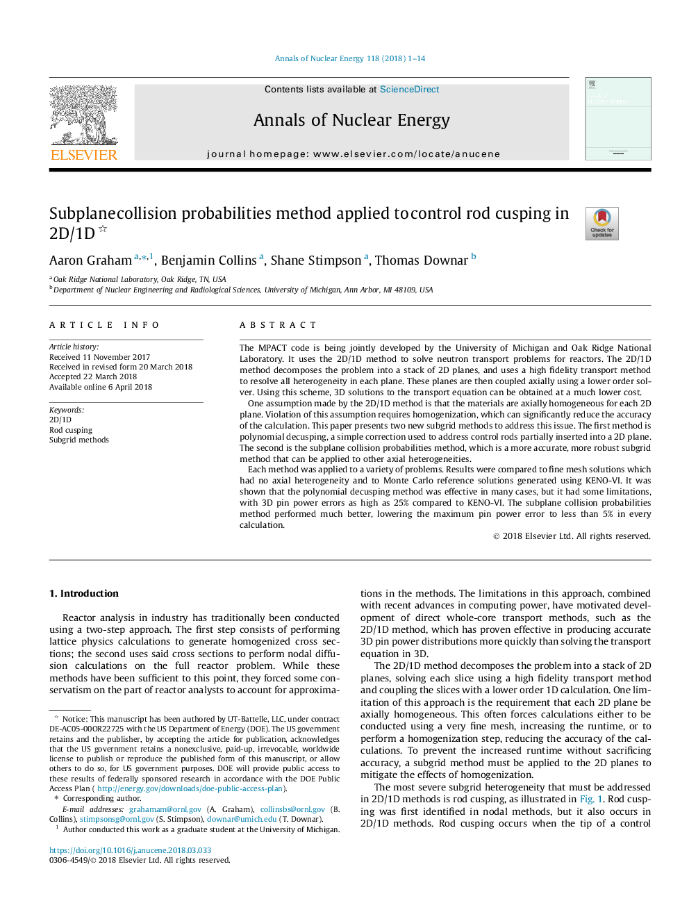 Subplane collision probabilities method applied to control rod cusping in 2D/1D