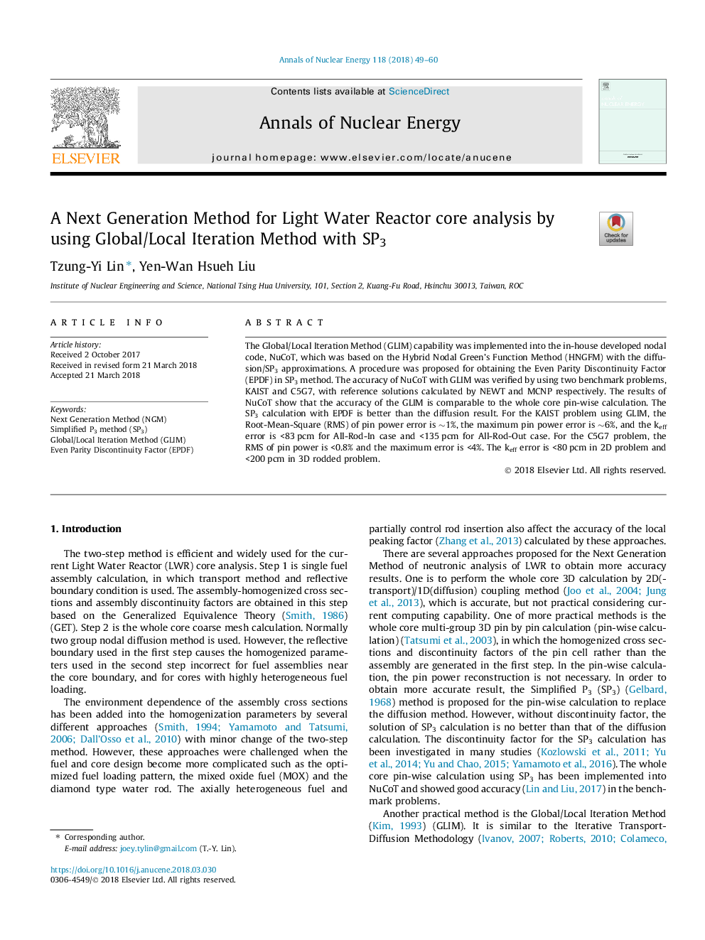 A Next Generation Method for Light Water Reactor core analysis by using Global/Local Iteration Method with SP3