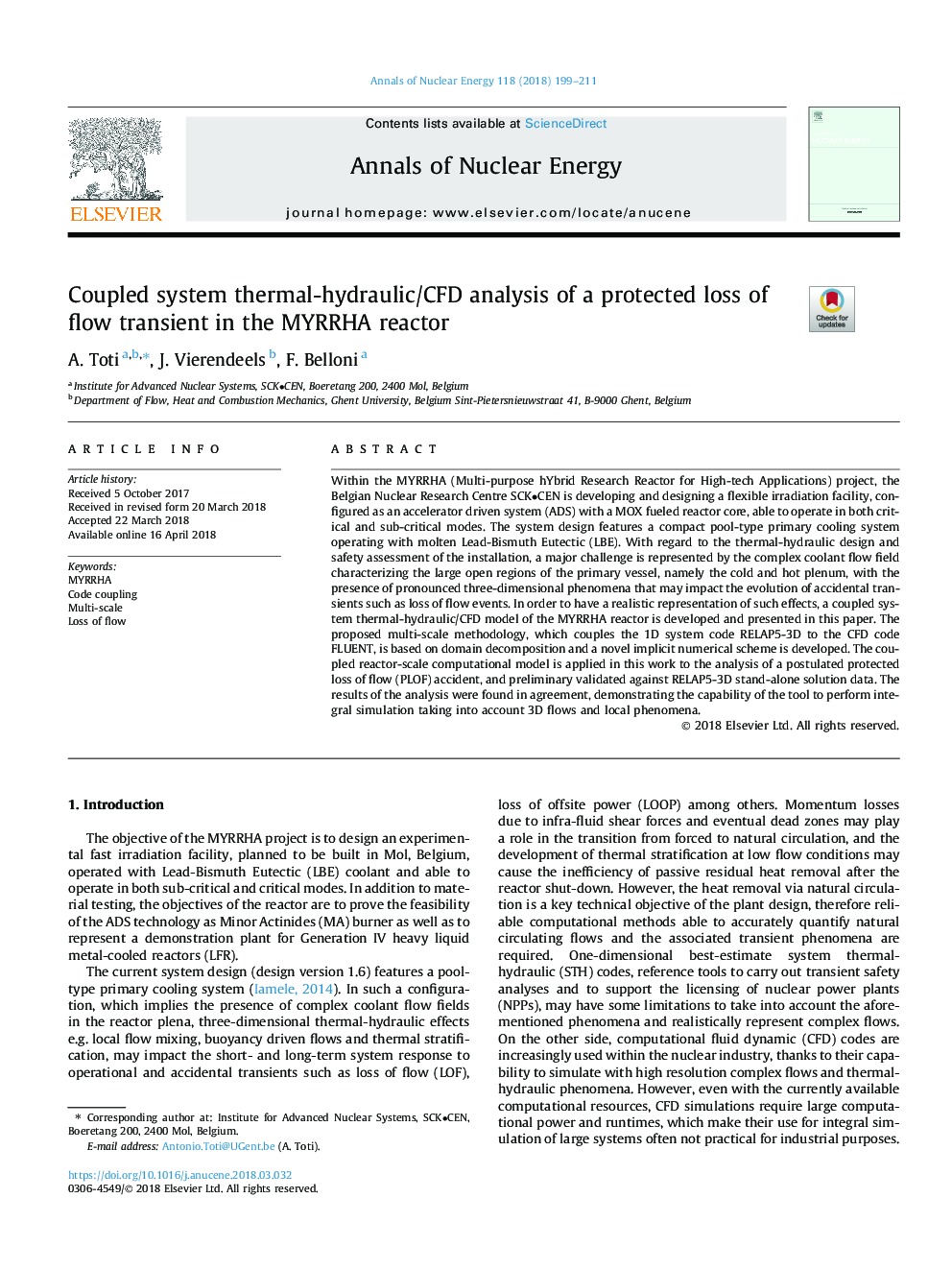 Coupled system thermal-hydraulic/CFD analysis of a protected loss of flow transient in the MYRRHA reactor