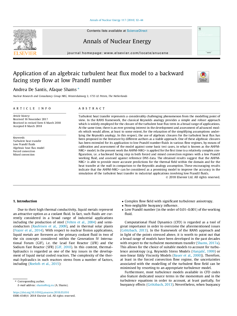 Application of an algebraic turbulent heat flux model to a backward facing step flow at low Prandtl number