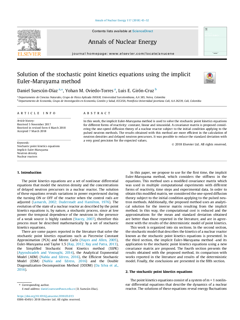 Solution of the stochastic point kinetics equations using the implicit Euler-Maruyama method