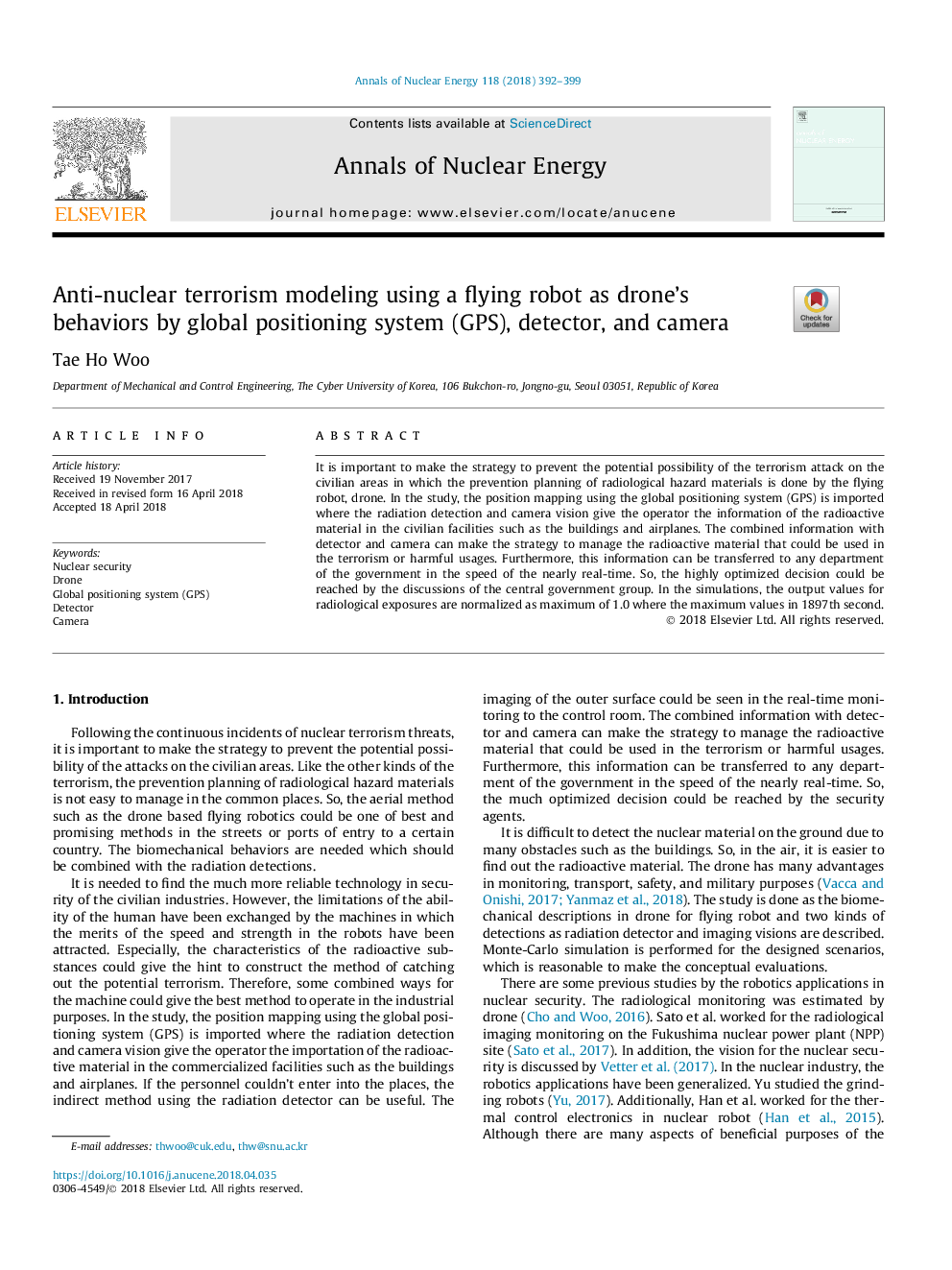 Anti-nuclear terrorism modeling using a flying robot as drone's behaviors by global positioning system (GPS), detector, and camera