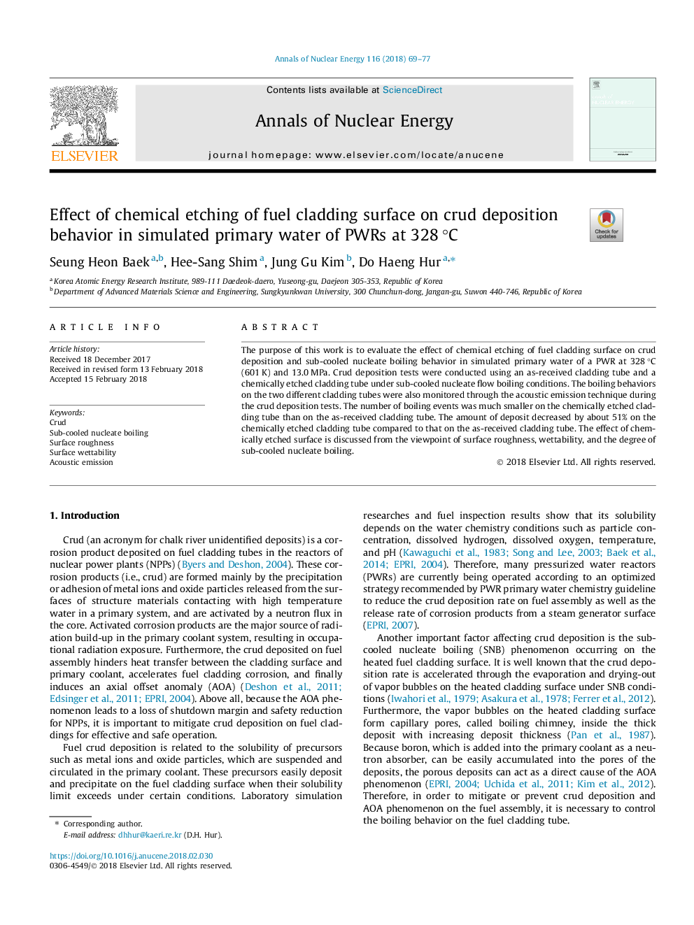 Effect of chemical etching of fuel cladding surface on crud deposition behavior in simulated primary water of PWRs at 328â¯Â°C