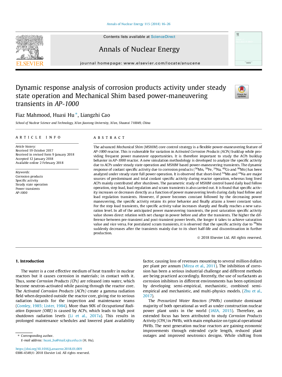 Dynamic response analysis of corrosion products activity under steady state operation and Mechanical Shim based power-maneuvering transients in AP-1000