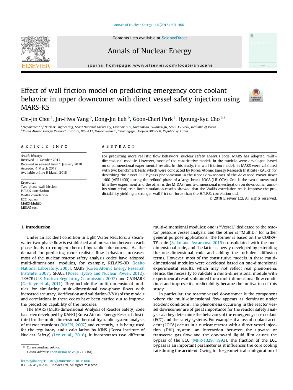 Effect of wall friction model on predicting emergency core coolant behavior in upper downcomer with direct vessel safety injection using MARS-KS