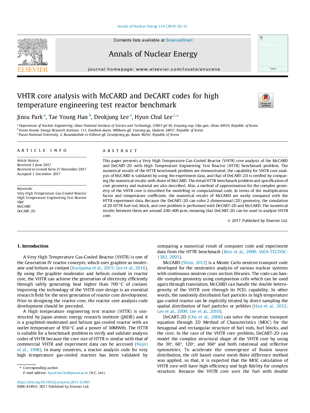 VHTR core analysis with McCARD and DeCART codes for high temperature engineering test reactor benchmark