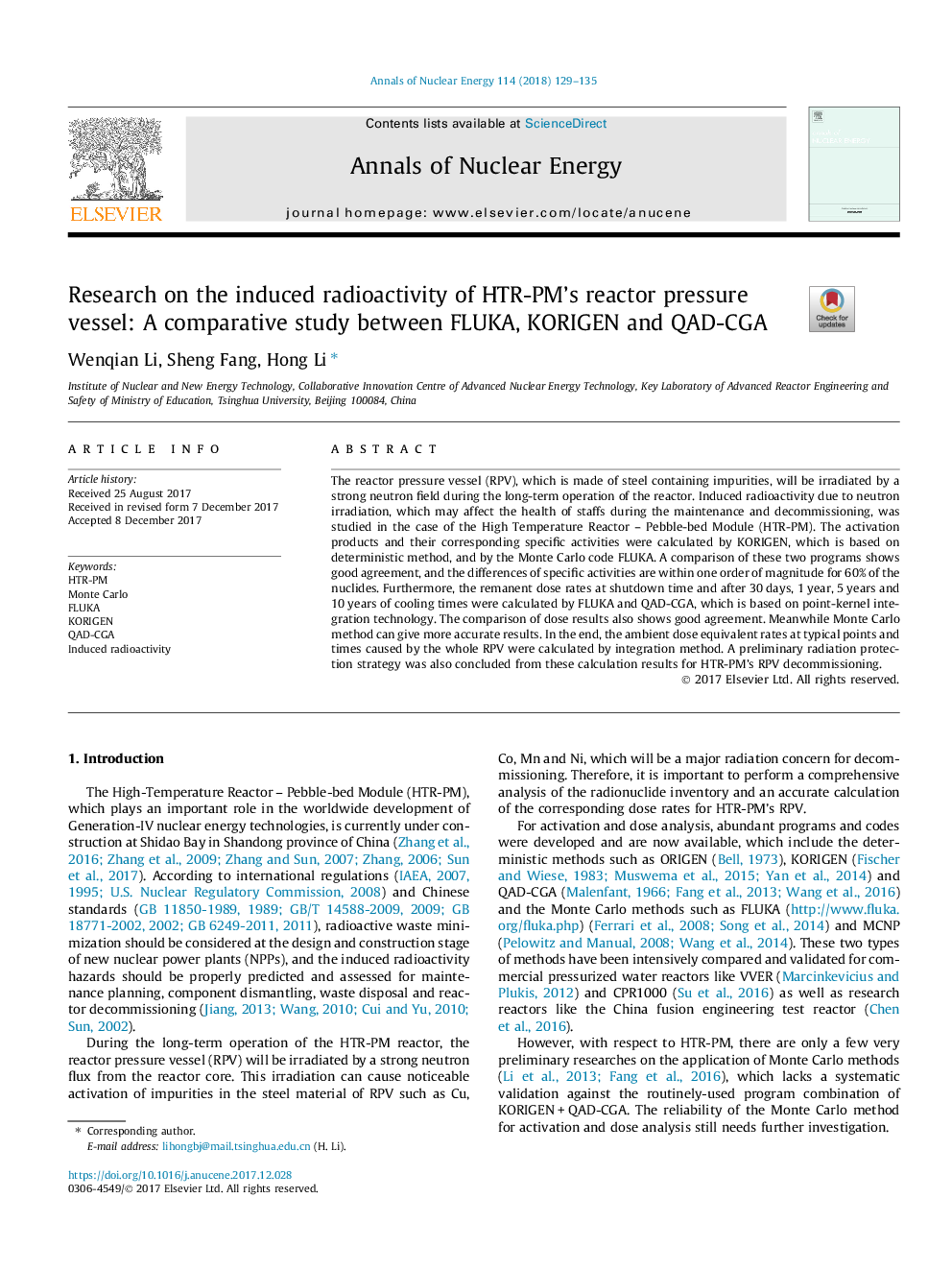 Research on the induced radioactivity of HTR-PM's reactor pressure vessel: A comparative study between FLUKA, KORIGEN and QAD-CGA