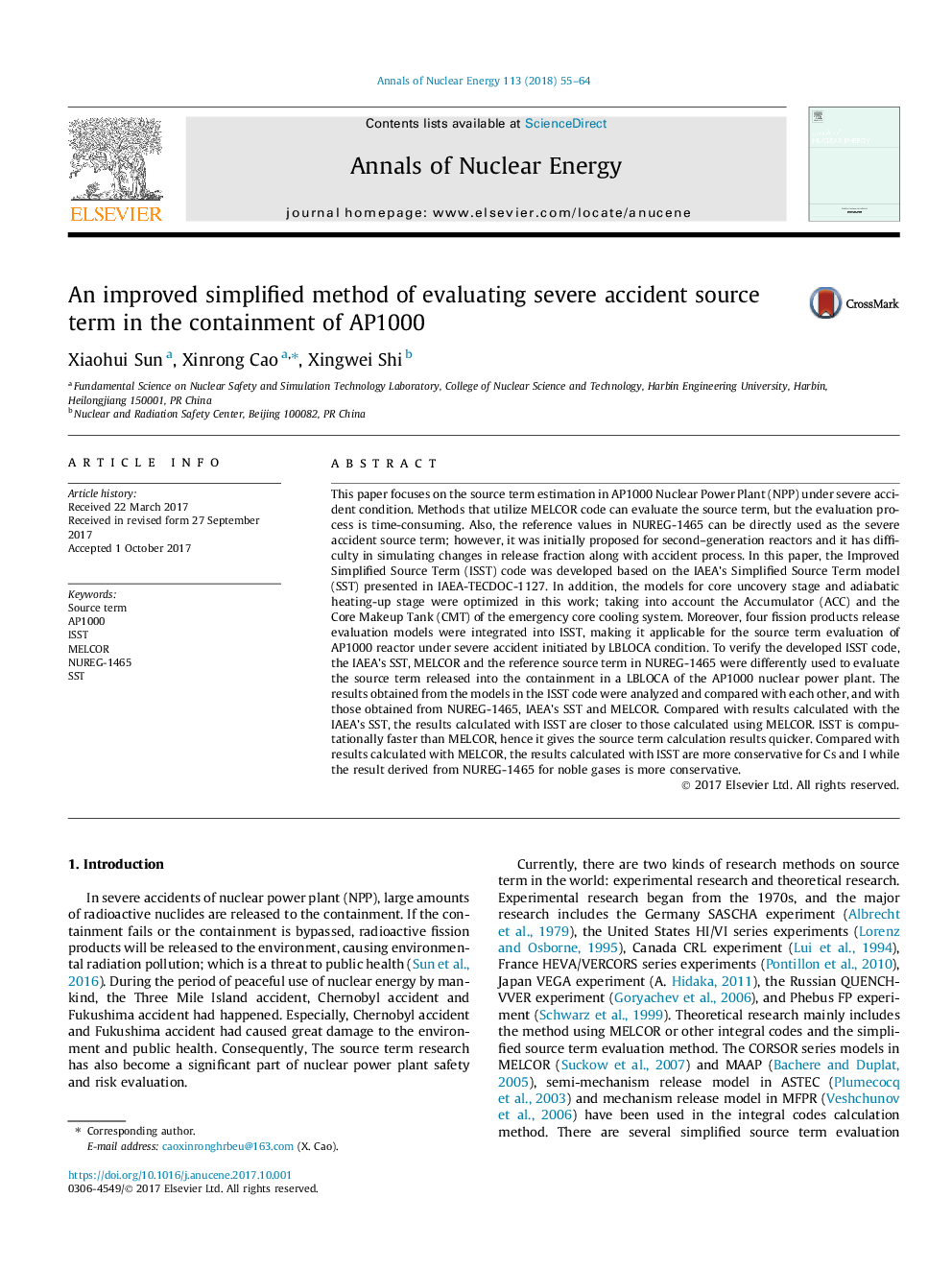 عکس صفحه اول مقاله: An improved simplified method of evaluating severe accident source term in the containment of AP1000 An improved simplified method of evaluating severe accident source term in the containment of AP1000