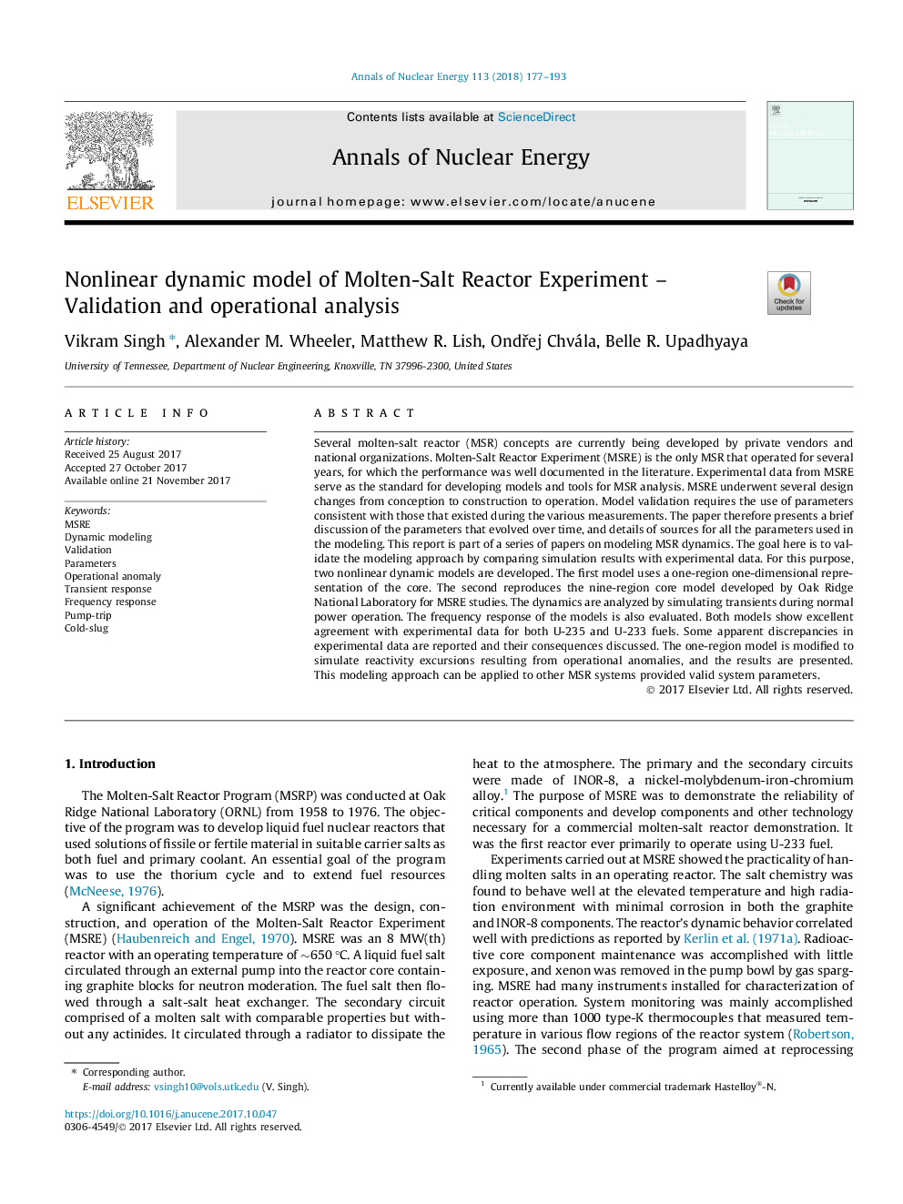 عکس صفحه اول مقاله: Nonlinear dynamic model of Molten-Salt Reactor Experiment - Validation and operational analysis Nonlinear dynamic model of Molten-Salt Reactor Experiment - Validation and operational analysis