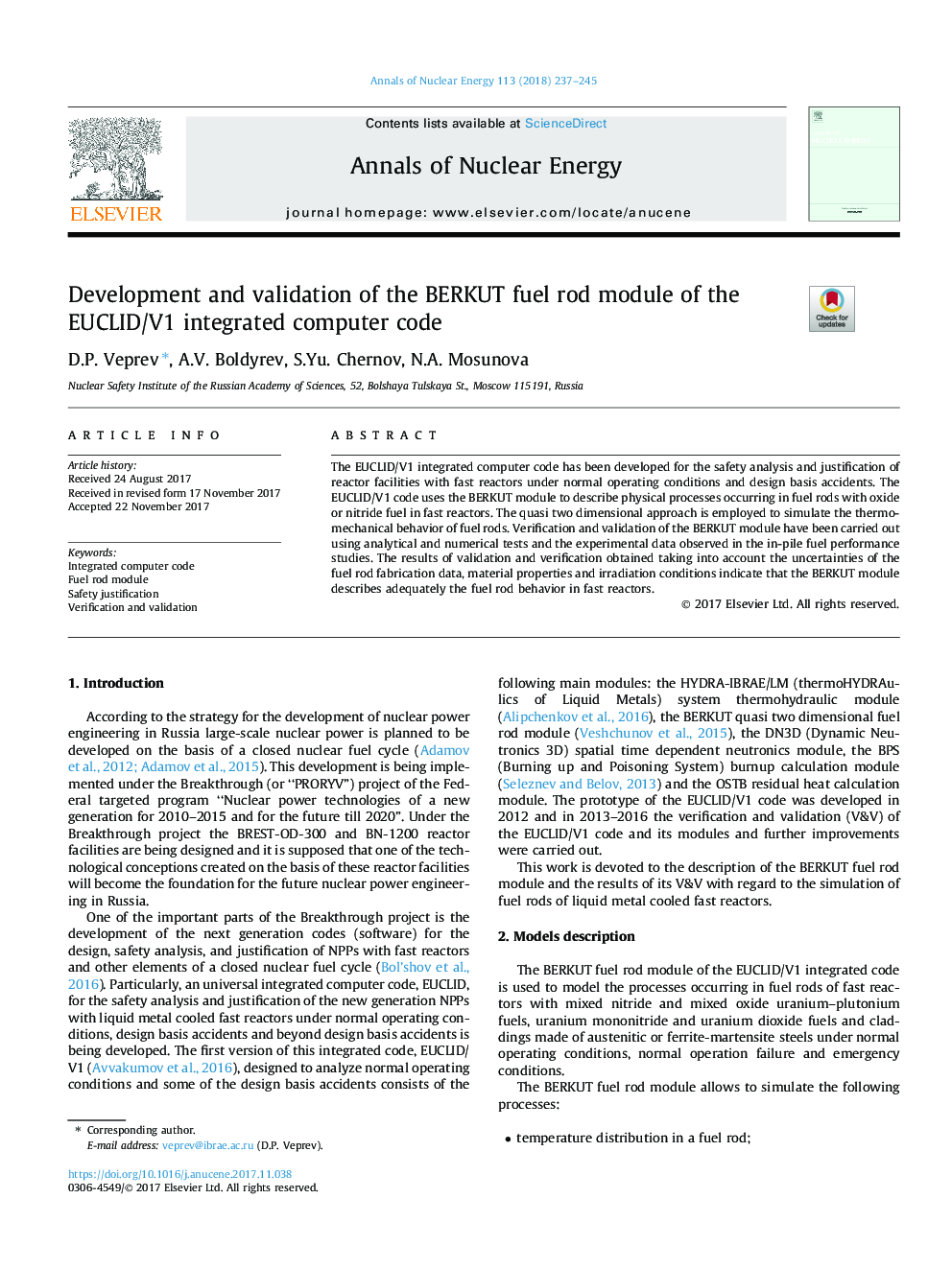 Development and validation of the BERKUT fuel rod module of the EUCLID/V1 integrated computer code