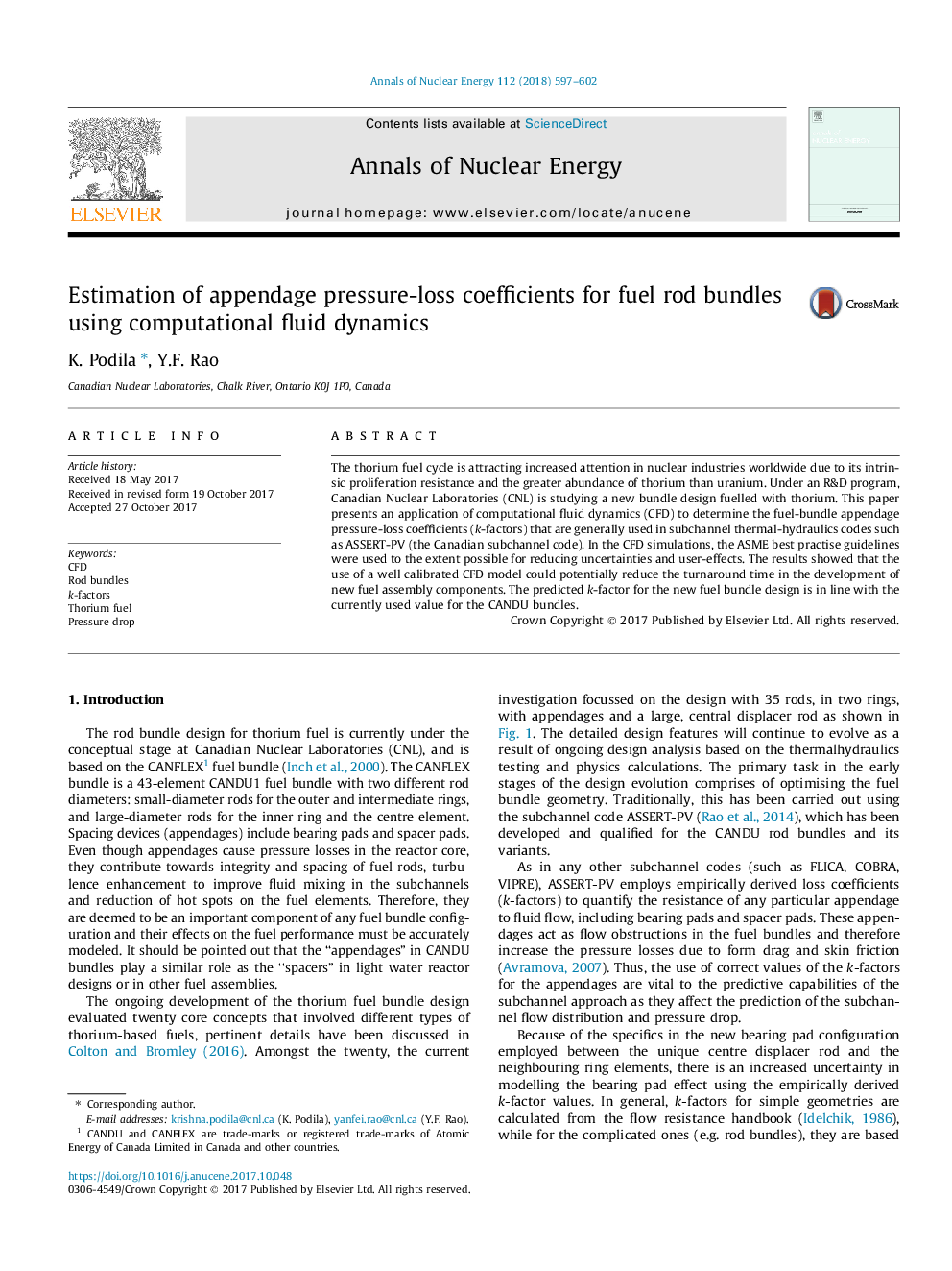 Estimation of appendage pressure-loss coefficients for fuel rod bundles using computational fluid dynamics